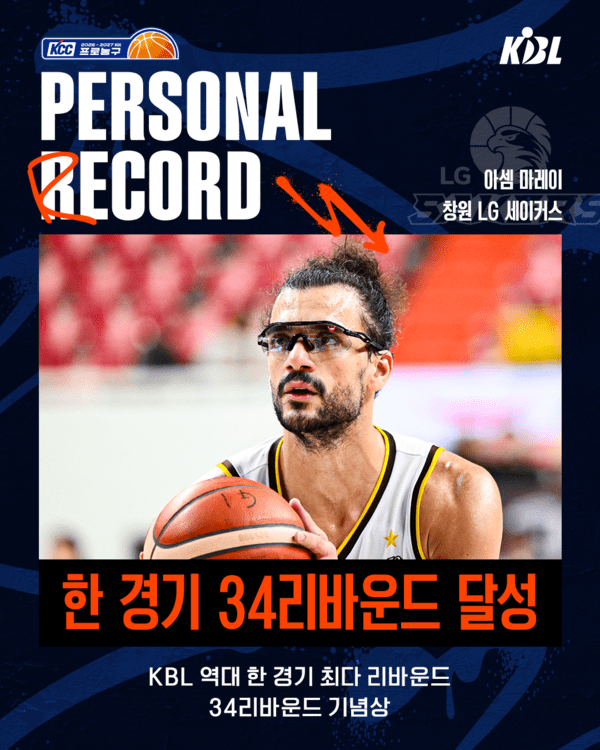 KBL이 지난 10월 22일(목) 울산 현대모비스와 창원 LG의 경기에서 한 경기 최다 리바운드 34개를 기록한 LG 아셈 마레이 선수에게 기념상을 시상한다. (▲창원 LG 아셈 마레이 선수 34리바운드 기념상 시상 안내). /사진=KBL