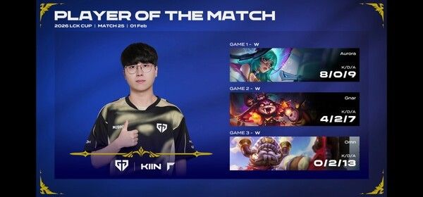 1일 서울 종로구 롤파크에서 열린 ‘2026 리그 오브 레전드 챔피언스 코리아(LCK) 컵’ 슈퍼위크 5일차 3세트에서 젠지, 한화생명 3-0 완파… 무실세트로 PO 2라 직행 (▲POM 기인 ) =3:0). /사진=네이버 치지직 라이브영상 캡처