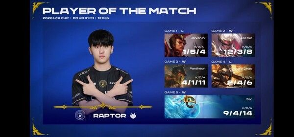 12일 서울 종로 롤파크 LCK아레나에서 열린 2026 LCK컵 플레이오프 1라운드 마지막 세트에서 BNK피어엑스가 DN수퍼스를 3대2로 꺾고 최종 승리했다..(▲BNK피어엑스 & DN수퍼스 =3:2)/POM=렙터(전어진)). /사진=네이버 치지직 라이브영상 캡처