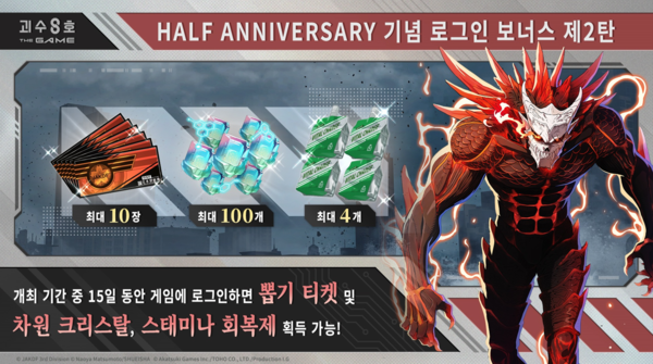 괴수 8호 THE GAME 정식 서비스 반 주년을 기념한 대형 프로모션의 일환인 0.5주년 기념 로그인 보너스 제2탄은 게임에 접속만 해도 풍성한 혜택의 캠페인 보상을 제공한다.(▲0.5주년 기념 로그인 보너스 제2탄 이미지). /사진=아카츠키 게임즈