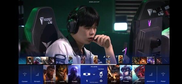 20일 종로구 치지직 롤파크에서 열린 '2026 LCK'컵 대회 플레이오프 패자 2라운드 2세트에서 디플러스 기아가 ‘쇼메이커’ 허수의 전방위 라이즈 운영과 ‘스매쉬’ 신금재의 후반 캐리력을 앞세워 2세트까지 가져갔다. (▲DK & DN수퍼스 =1:0). /사진=네이버 치지직 라이브영상 캡처