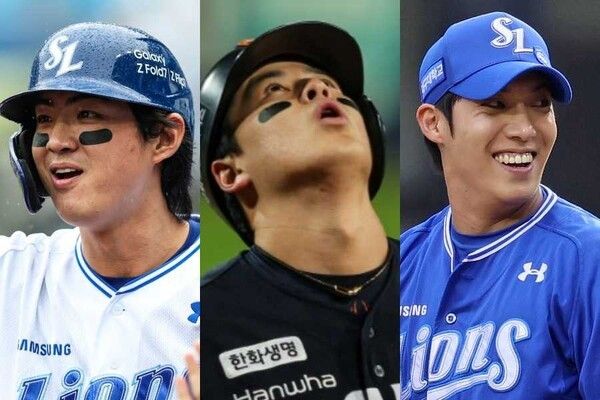 (좌측부터) 삼성 라이온즈 외야수 구자욱, 한화 이글스 내야수 노시환, 삼성 투수 원태인. /사진=삼성 라이온즈, 한화 이글스