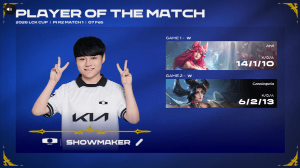 7일 종로 치지직 롤파크에서 열린 2026 리그 오브 레전드 챔피언스 코리아 컵 플레이-인 2라운드 2경기에서 디플러스 기아가 DRX를 상대로 단 한 번의 흔들림도 없는 완승을 거뒀다. (▲ POM 쇼메이커). /사진=네이버 치지직 라이브영상 캡처