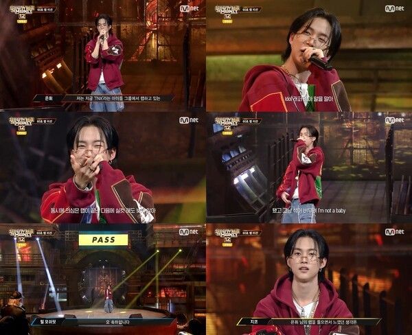 지난 29일 은휘가 Mnet 힙합 서바이벌 ‘쇼미더머니12’에 출연해 탁월한 기량을 발휘하며 2차 예선 ‘60초 불구덩이’ 심사를 통과했다. (▲TNX_은휘_쇼미12_캡처(6분할)). /사진=Mnet ‘쇼미더머니12’ 캡처