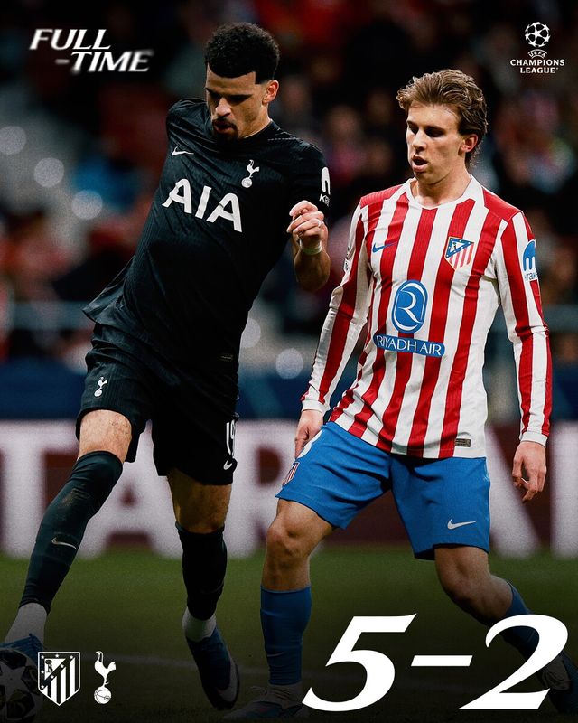 11일 오전 5시(한국시간) 스페인 마드리드에 위치한 리야드 에어 메트로폴리타운에서 열린 2025~26시즌 유럽축구연맹(UEFA) 챔피언스리그(UCL) 16강 1차전에서 아틀레티코 마드리드에 2-5로 패한 토트넘 홋스퍼. /사진=토트넘 홋스퍼
