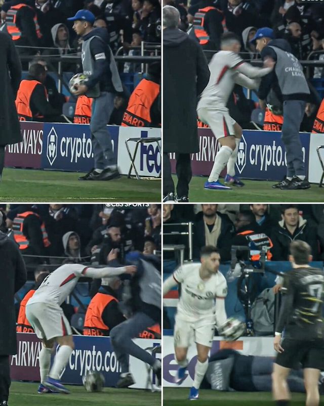 12일(한국시간) 프랑스 파리에 위치한 파르크 데 프랭스에서 열린 2025~26시즌 유럽축구연맹(UEFA) 챔피언스리그(UCL) 16강 1차전에서 볼보이를 밀친 페드루 네투. /사진=ESPN