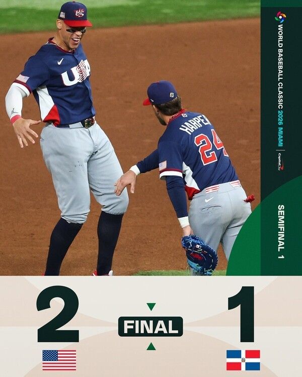 미국 야구대표팀이 16일(한국시각) 미국 플로리다주 론디포구장에서 펼친 월드베애스볼클래식(WBC) 도미니카 공화국과 4강전에서 2-1로 승리했다. /사진=WBC 공식 채널