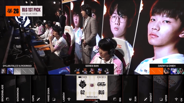 22일 브라질 상파울루에서 열린 '2026 리그 오브 레전드 퍼스트 스탠드 토너먼트(FST)' 결승전 2세트에서 BLG가 치열한 난타전 끝에 G2를 꺾고 시리즈를 원점으로 돌렸다. . /사진=라이브영상 캡처