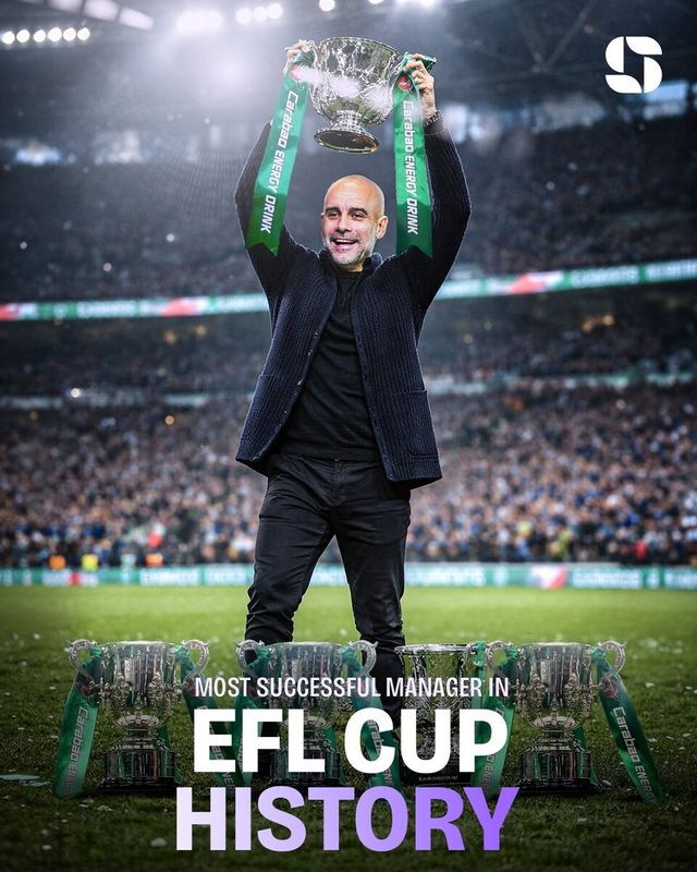 개인 통산 5번째 잉글랜드 풋볼리그컵(EFL컵) 우승을 달성한 펩 과르디올라 감독. /사진=스쿼카