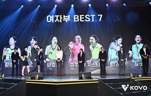 여자부 베스트7 기념사진. 왼쪽부터 한국도로공사 문정원, 현대건설 김다인, 현대건설 양효진, 흥국생명 피치, 현대건설 자스티스, 한국도로공사 강소휘, GS칼텍스 실바. /사진=KOVO