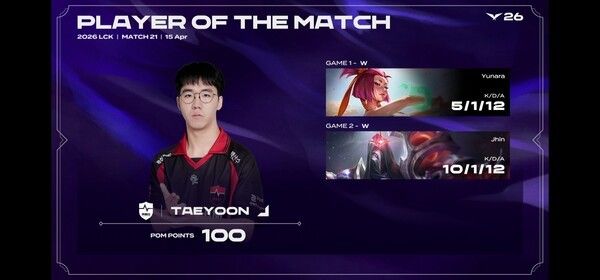 15일 서울 종로구 치지직 롤파크에서 열린 ‘2026 LoL 챔피언스 코리아(LCK)’ 정규 시즌 1라운드 경기에서 농심 레드포스는 BNK 피어엑스를 상대로 세트 스코어 2대0 완승을 거두었다. (▲농심레드포스 & BNK피어엑스=2:0 / POM=TAEYOON). /사진=네이버 치지직 라이브영상 캡처