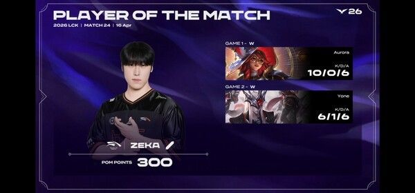 16일 서울 종로구 롤파크에서 열린 '2026 리그 오브 레전드 챔피언스 코리아(LCK)' 정규 시즌 2경기 2세트 한화생명 e스포츠와 DN 수퍼스 경기에서 한화생명이 2세트를 승리하면서 승리를 이어갔다.(▲한화생명 e스포츠 & DN수퍼스 =2:0 / POM=ZEKA). /사진=네이버 치지직 라이브영상 캡처