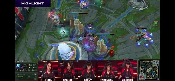 22일 서울 종로구 롤파크에서 열린 ‘2026 리그 오브 레전드 챔피언스 코리아(LCK)’ 정규 시즌 2경기 2세트에서 농심레드포스가 2세트를 가져가면서 다시 승부를 원점으로 돌렸다. (▲HLE & NS=1:1)./사진=네이버 치지직 라이브영상 캡처