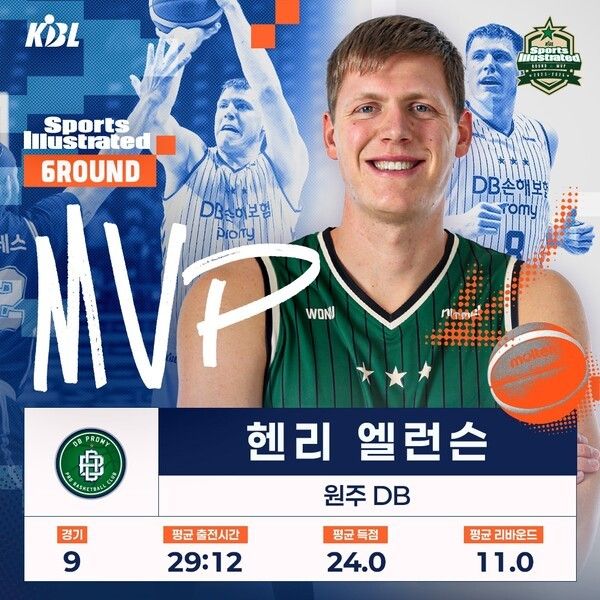 원주 DB 헨리 엘런슨은 2025-2026 LG전자 프로농구 6라운드 MVP로 선정됐다. /사진=KBL&nbsp;