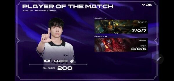 13일 서울 종로구 롤파크에서 열린 ‘2026 리그 오브 레전드 챔피언스 코리아(LCK)’ 정규 시즌 2라운드 1경기 2세트에서 디플러스 기아가 바텀 주도권과 정교한 운영을 앞세워 DN 수퍼스를 2:0으로 완파했다. (▲DK & DNS=2:0 /POM=LUCID). /사진=네이버 치지직 라이브영상 캡처