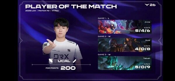 17일 서울 종로 롤파크 LCK아레나에서 열린 2026 LCK 정규 시즌 2라운드 경기에서 DRX가 브리온과의 경기에서 풀세트 접전 끝에 2-1로 승리했다. (▲DRX & BRO=2:1 / POM=UCAL). /사진=네이버 치지직 라이브영상 캡처
