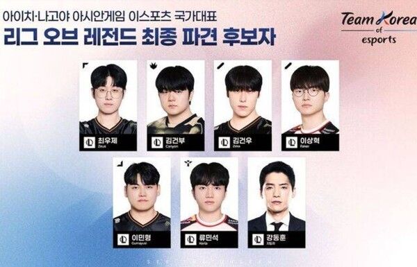 오는 9월 개막하는 아이치·나고야 아시안게임에 나설 e스포츠 ‘리그 오브 레전드(LoL) 종목의 국가대표 최종 파견 후보자 6인이 확정됐다.(▲제우스_최우제. 캐니언_김건부. 제카_김건우. 페이커’_ 이상혁.구마유시_이민형. 케리아_류민석). /사진=한국e스포츠협회