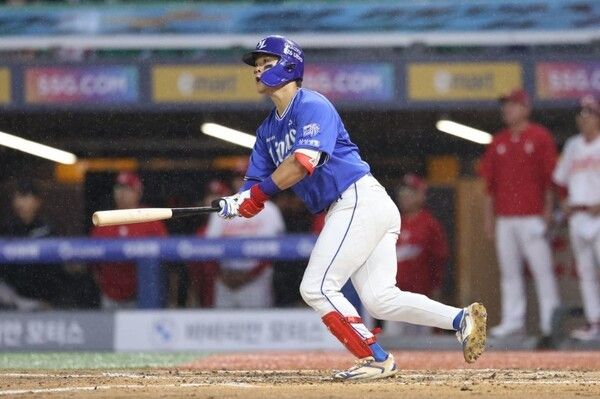 27일 삼성이 인천 SSG랜더스필드에서 열린 2026 신한 SOL KBO리그 원정 경기에서 SSG를 4-1로 꺾고 단독 선두 자리를 지켜냈다. (▲삼성 박승규 / 4타수 1안타, 시즌 6호 투런 홈런, 2타점, 1득점). /사진= 삼성 라이온즈