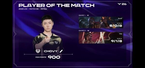 29일 서울 종로구 치지직 롤파크에서 열린 '2026 리그 오브 레전드 챔피언스 코리아(LCK)' 정규시즌 2라운드 2경기에서 젠지가 한진 브리온을 세트 스코어 2대0으로 제압했다 .(▲GEN & BRO=2:0 / POM=CHOVY). /사진=네이버 치지직 라이브영상 캡처