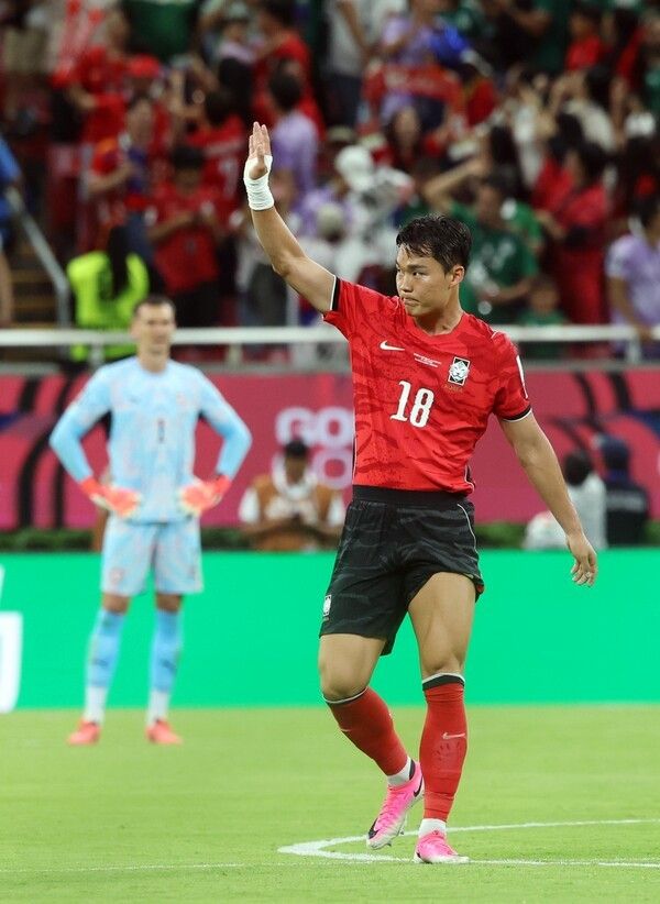 12일(한국시간) 대한민국이 멕시코 과달라하라 에스타디오 과달라하라에서 열린 2026 FIFA 북중미 월드컵 A조 1차전에서 체코를 2-1로 꺾었다. (▲11일(현지 시간) 멕시코 과달라하라 스타디움에서 열린 2026 북중미 월드컵 조별리그 A조 대한민국과 체코의 경기에서 대한민국 오현규가 추가골을 넣고 세리머니를 하고 있다). /사진=뉴시스