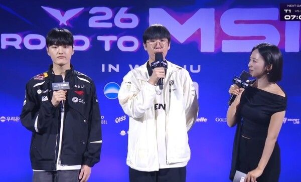 14일 강원도 원주시 '원주 DB 프로미 아레나'에서 열린 '2026 리그 오브 레전드 챔피언스 코리아(LCK)' MSI 대표 선발전(RTM) 2번 시드 결정전 4세트는 젠지가 승리를 가져가면서 2:2를 만들며 또 또다시 승부가 제자리로 돌아왔습니다. (▲T1 & GEN=2:2)./사진=네이버 치지직 라이브영상 캡처