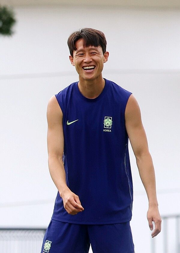 지난 6월 17일(현지 시간) 멕시코 과달라하라 인근 사포판의 베이스캠프에서 축구 국가대표팀 이재성이 월드컵 조별리그 2차전을 앞두고 밝은 표정으로 훈련하고 있다./사진=뉴시스