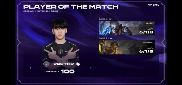 30일 서울 종로구 롤파크에서 열린 2026 리그 오브 레전드 챔피언스 코리아(LCK) 정규시즌 3라운드 라이즈 그룹 경기에서 BNK 피어엑스가 DN 수퍼스를 세트스코어 2대0으로 완파했다. (▲BFX & DNS=2:0 / POM=RAPTOR)./사진=네이버 치지직 라이브영상 캡처