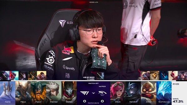 8일 T1이 서울 종로구 치지직 롤파크 LCK 아레나에서 열린 '2026 LCK 정규 시즌' 3라운드 1경기 한화생명e스포츠와의 1세트에서 승리했다. (▲T1 & HLE=1:0)./사진=네이버 치지직 라이브영상 캡처