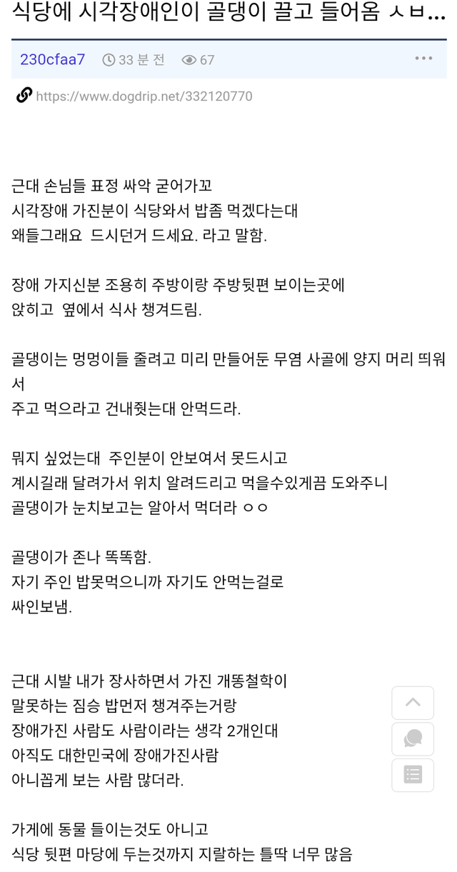 e90bf015b7a674bf7083e5ec59753ae1.png 식당에 시각장애인이 안내견 데리고 들어옴ㅅㅂ..