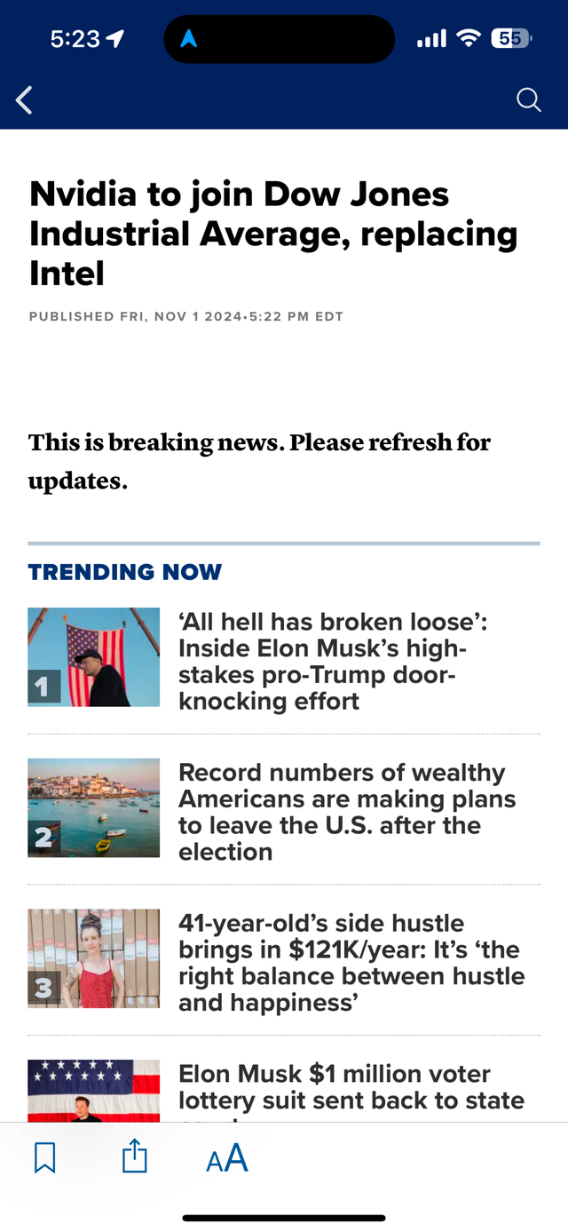 엔비디아가 인텔 대신 다우존스에 편입하네요!!!