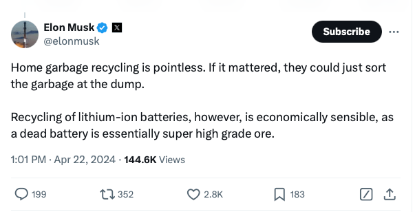 스크린샷 2024-12-13 오후 10.35.53.png 일론 머스크, 가정용 쓰레기의 재활용은 무의미하다.