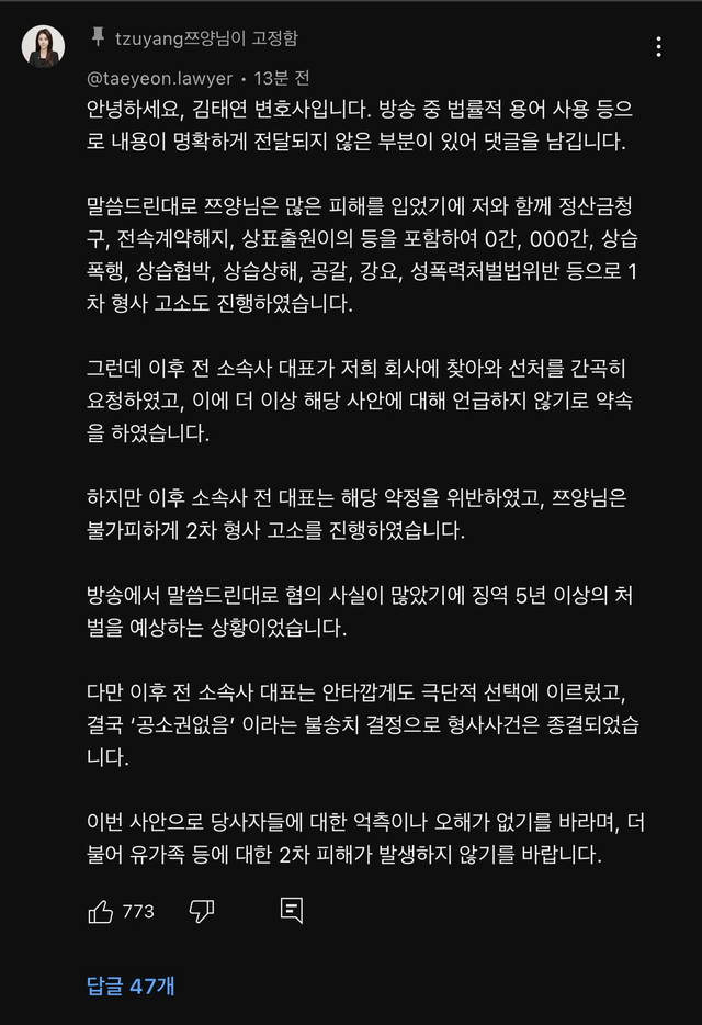 image.png 쯔양 변호사님이 사건 요약해주심