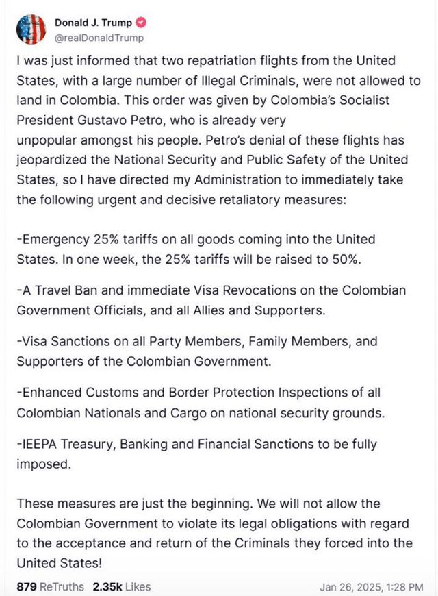 image.png 콜롬비아 불법이민자 추방비행기 입국거부로 트럼프 긴급조치 시행