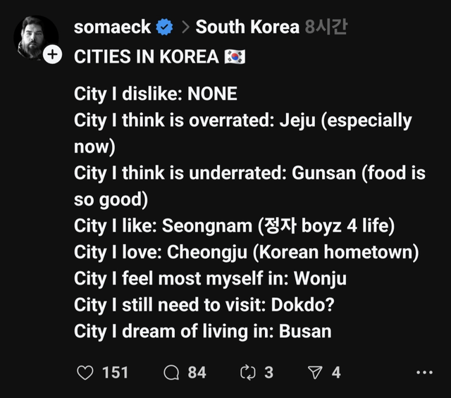 image.png 한국에 거주하는 어느 외국인의 한국 도시 평가