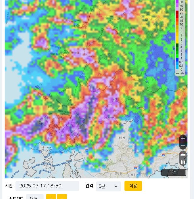 18:40분 광주 일강수량 384mm (광주 기상관측사상 역대1위)