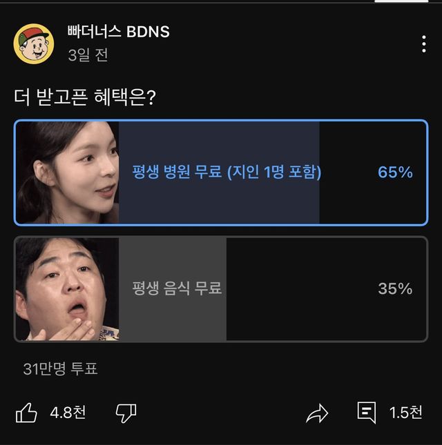 IMG_2958.jpeg 30만명이 투표한 평생 병원비 무료 vs 평생 밥값 무료.jpg