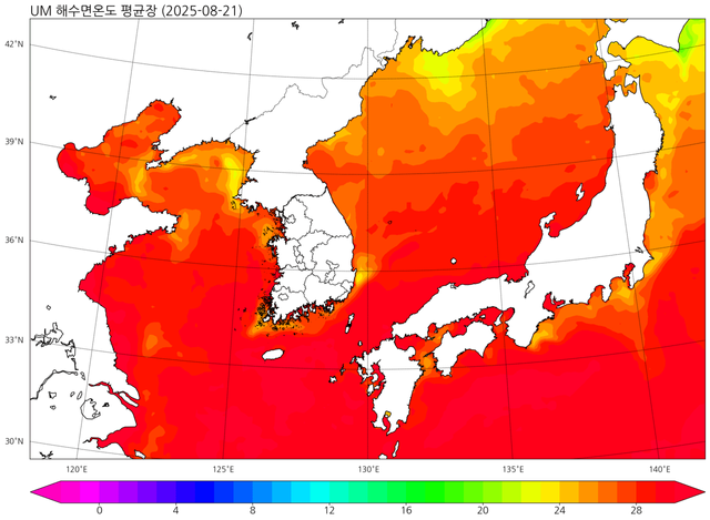 cos_um_sst_spat_avg_kr_day_20250821.png 현재 매우 뜨거운 한반도 근해 수온 근황