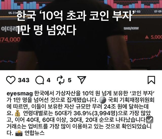 코인투자자 10억 초과 부자 통계