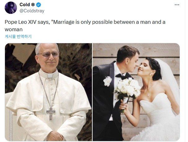 교황 : 결혼은 남자와 여자 사이에서만 가능하다.