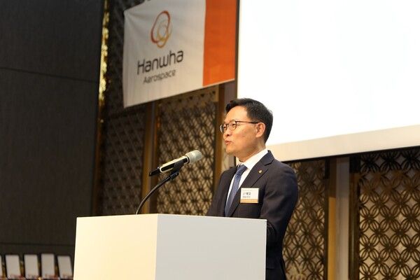 손재일 대표이사가 31일 개최된 '2024 협력사 총회 및 공정거래 협약식'에서 인사말을 하고 있다. 한화에어로스페이스 제공 [뉴스락]
