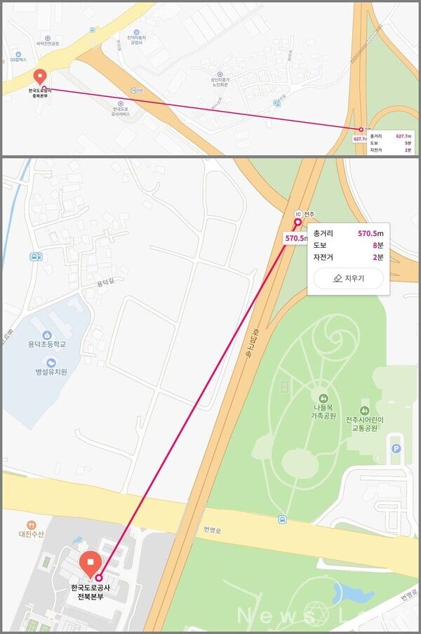 한국도로공사 충북본부 및 전북본부 위치. 사진 네이버지도 [뉴스락]
