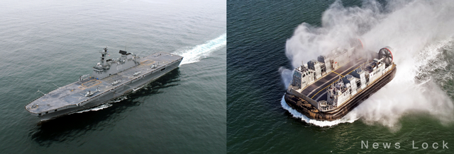 (좌)대형수송함(독도함), (우)고속상륙정(LSF-Ⅱ). HJ중공업 제공 [뉴스락]