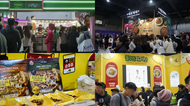 (왼쪽 상단부터 시계 방향으로) CJ제일제당, 샘표 차오차이, 풀무원, 오뚜기 부스 전경. 사진=심우민 기자 [뉴스락]&nbsp;