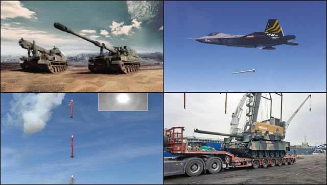 (윗줄 왼쪽부터 시계 방향 순서대로)&nbsp;한화에어로스페이스의 K9 자주포(오른쪽)와 K10 탄약운반차의 모습,&nbsp;KF-21 시제2호기 공대공미사일 미티어를 무장분리 시험,&nbsp;천궁II 사격 이미지,&nbsp;K2 전차. 각 사 제공 [뉴스락 편집]
