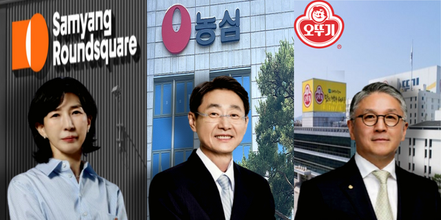 (왼쪽부터) 김정수 삼양식품 부회장, 신동원 농심 회장, 함영준 오뚜기 회장. 각 사 제공​​​​​​​ [뉴스락 편집]