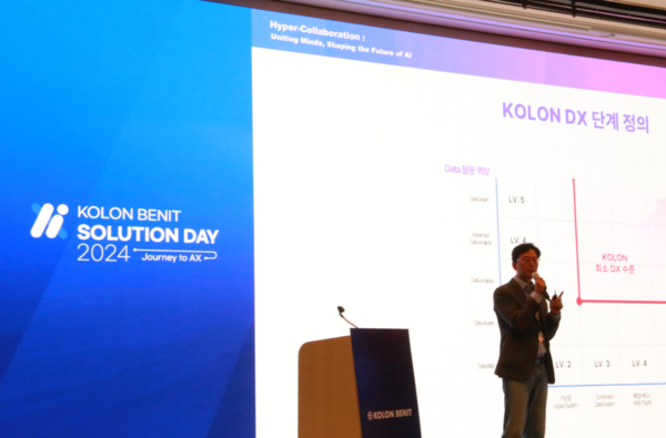 강이구 코오롱베니트 대표가 ‘코오롱베니트 솔루션데이 2024’에서 기조연설을 진행하고 있다. 코오롱 베니트 제공 [뉴스락]