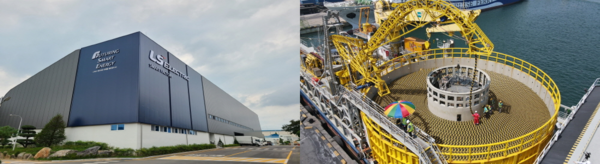 (좌)LS일렉트릭 청주 스마트공장 전경. (우)LS전선 동해 공장에서 생산된 해저 케이블이 포설선에 선적되고 있다. 각 사 제공&nbsp;