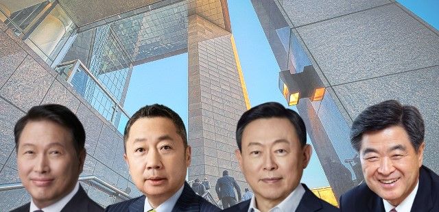 (왼쪽부터) 최태원 SK그룹 회장, 박정원 두산그룹 회장, 신동빈 롯데그룹 회장, 권오갑 HD현대 회장. 각 사 제공 [뉴스락 편집]