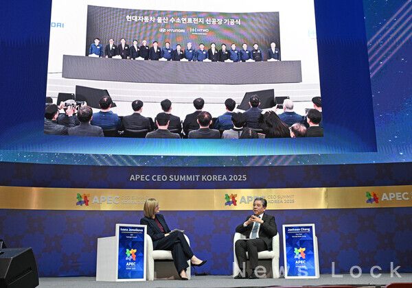 (왼쪽부터) 이바나 제멜코바 수소위원회 CEO, 장재훈 현대차그룹 부회장이 APEC CEO 서밋 수소 세션에서 대담을 진행 중인 모습. 사진=현대자동차그룹 [뉴스락]