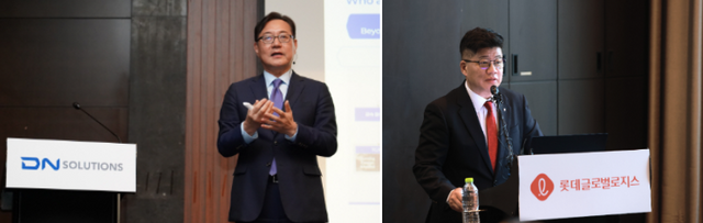 (왼쪽부터) 김원종 DN솔루션즈 대표, 강병구 롯데글로벌로지스 대표. 각 사 제공 [뉴스락 편집]